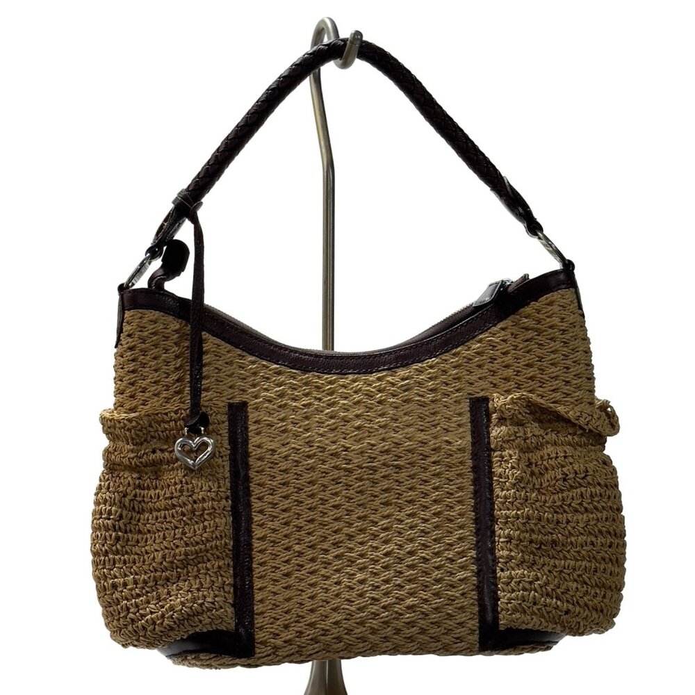 BRIGHTON Women's Woven Jute/Leather Hobo Bag Braided Leather Handle Zip Closure